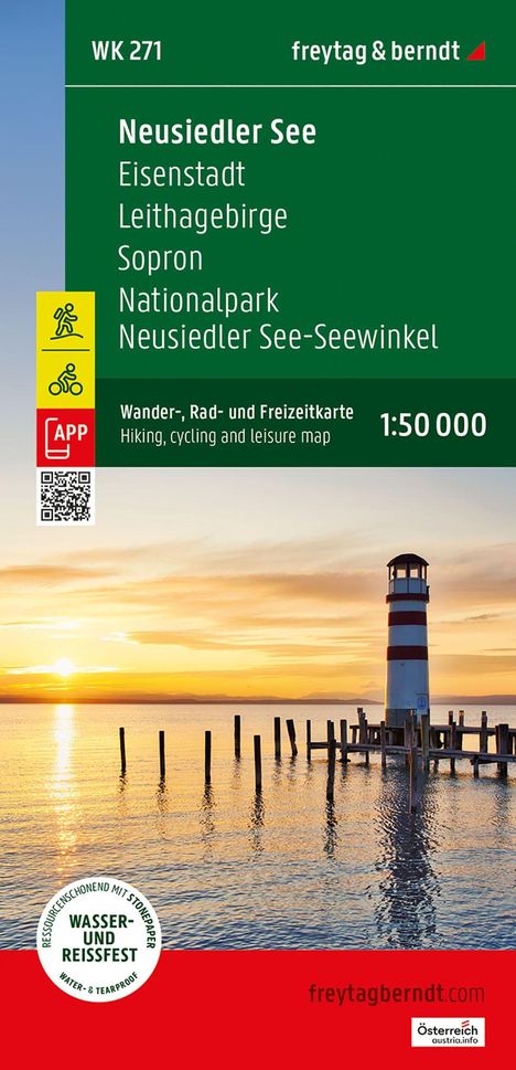 WK 271, Neusiedler See, Eisenstadt, Leithagebirge, Sopron, Nationalpark, Wanderkarte. Leuchtturm am See bei Sonnenuntergang.