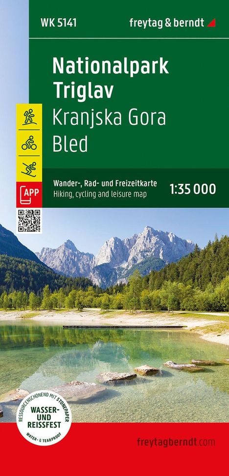 „Nationalpark Triglav Kranjska Gora Bled“ steht hervorgehoben. Darunter Berge, Wald und ein See in klarer Umgebung.