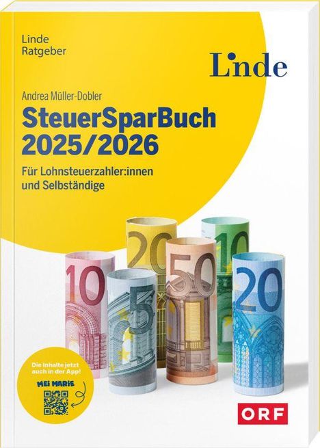 „SteuerSparBuch 2025/2026“ von Andrea Müller-Dobler. Euro-Scheine rollen auf weißem Hintergrund. ORF-Logo unten rechts.