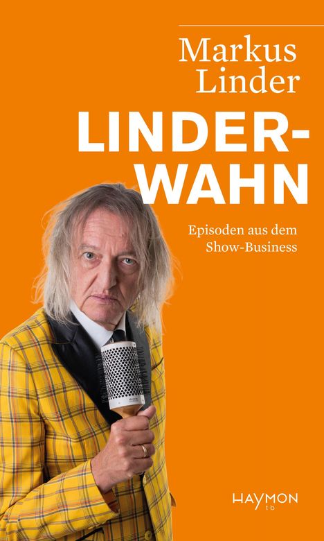 Text: "Markus Linder LINDERWAHN Episoden aus dem Show-Business." Mann in kariertem Anzug mit Mikrofon.