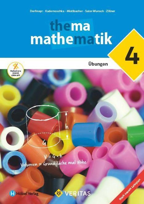 Aufschrift: "thema mathematik 4", "Übungen". Bunte Röhren und Zylinderillustrationen.
