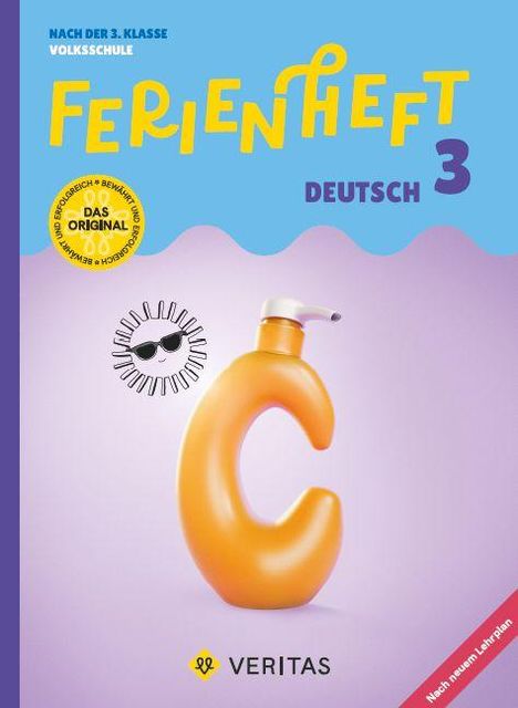 Nach der 3. Klasse. Ferienheft Deutsch 3. Illustration: gelbe Flasche in C-Form, blau-lila Hintergrund.