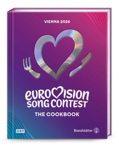 Text: "Vienna 2026", "Eurovision Song Contest", "The Cookbook". Ein Herz mit Gabel und Messer, lila und blaue Töne.