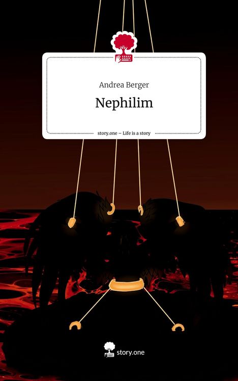 "Andrea Berger, Nephilim. story.one – Life is a story." Dunkle Silhouette mit goldenen Schnüren, roter Hintergrund.