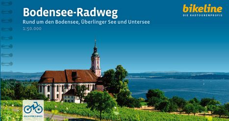 "Bodensee-Radweg", "Rund um den Bodensee, Überlinger See und Untersee", "Auch für E-Bikes". Kloster nahe See mit Alpen.
