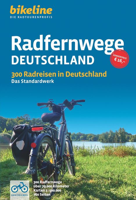 "Radfernwege Deutschland, 300 Radreisen in Deutschland, Das Standardwerk, Sonderpreis €16,-." Fahrrad vor See und Wiese.