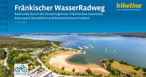 "Fränkischer WasserRadweg", beschreibt eine Radrunde durch das Fränkische Seenland. Strand und Hafen im Vordergrund.