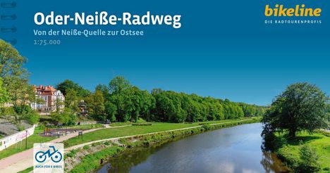 Text: "Oder-Neiße-Radweg", "Von der Neiße-Quelle zur Ostsee", "1:75.000", "bikeline", "DIE RADTOURENPROFIS", "AUCH FÜR E-BIKES". Fluss und Radweg.