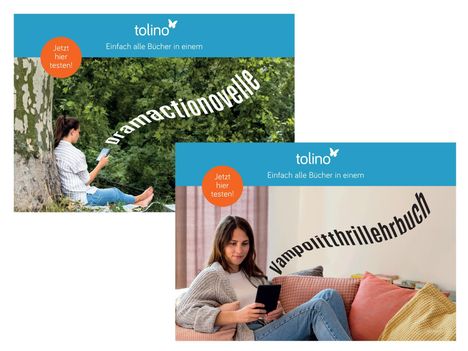 Oben steht "tolino", darunter "Einfach alle Bücher in einem". Zwei Menschen lesen je auf einem E-Reader.