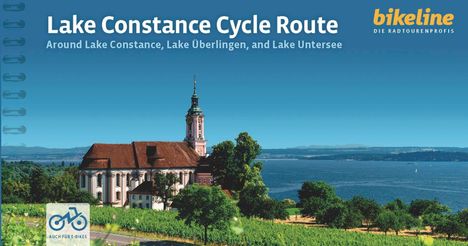 Lake Constance Cycle Route, Bikeline. Logo: Fahrrad, „Auch für E-Bikes“. Kirche, Bäume und See im Hintergrund.