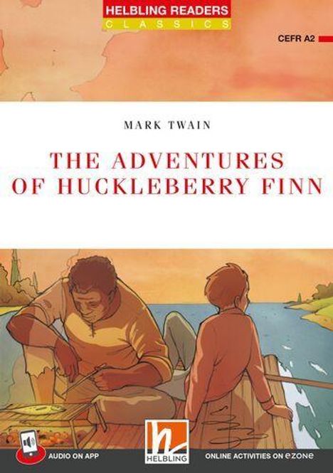 Titel: The Adventures of Huckleberry Finn. Illustration: Zwei Personen am Fluss sitzend, Blick aufs Wasser.