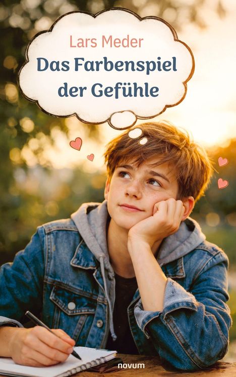 „Lars Meder: Das Farbenspiel der Gefühle“. Junge träumerisch mit Wolke und Herzen, schreibt in Notizbuch.
