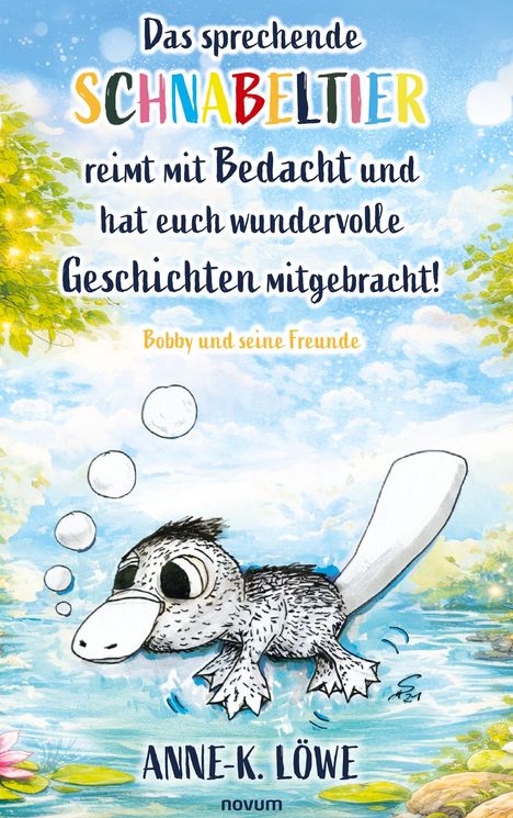 Der Text beschreibt, dass ein sprechendes Schnabeltier reimt und Geschichten erzählt. Illustration: Schnabeltier schwimmt.