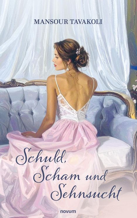 "Schuld, Scham und Sehnsucht" von Mansour Tavakoli. Eine Frau in einem rosa Kleid sitzt auf einem Sofa.
