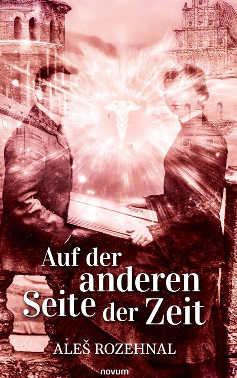 "Auf der anderen Seite der Zeit" von Aleš Rozehnal. Historische Figuren, Buch und Gebäude mit strahlendem Effekt.