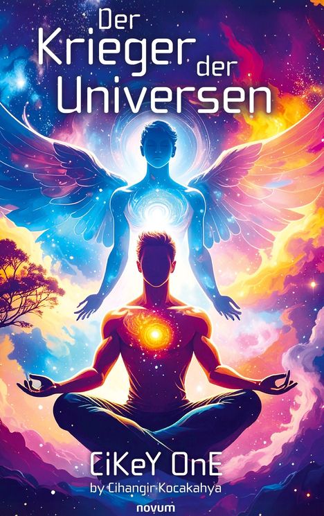 "Der Krieger der Universen." Zwei Figuren im Lotossitz, eine mit Flügeln aus Licht und lebhaften Farben im Hintergrund.