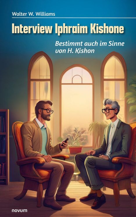 „Interview Iphraim Kishone“, „Bestimmt auch im Sinne von H. Kishon“. Zwei Männer sitzen in Sesseln in hellem Raum.