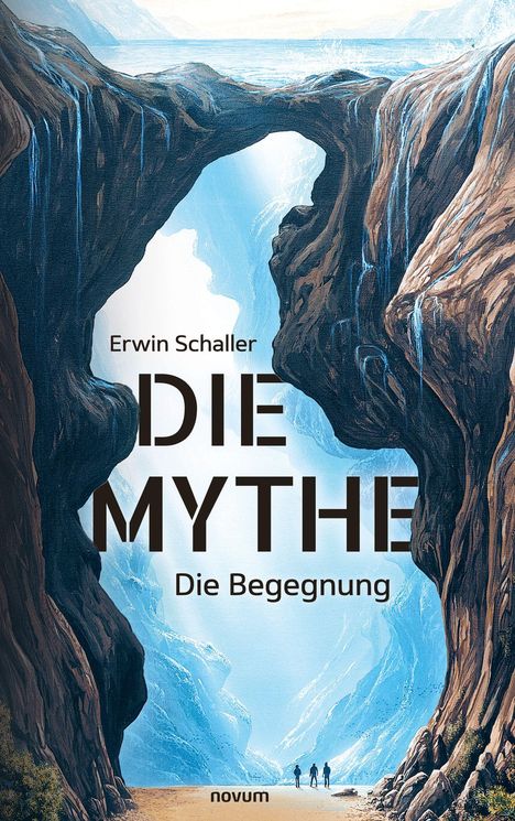 „DIE MYTHE“ und „Die Begegnung“ sind große Texte auf einem Buchcover. Eine Schlucht mit zwei wandernden Personen.