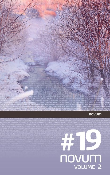 Text: "#19 novum VOLUME 2" und "novum". Ein Bach im Winter zwischen schneebedeckten, kahlen Bäumen.