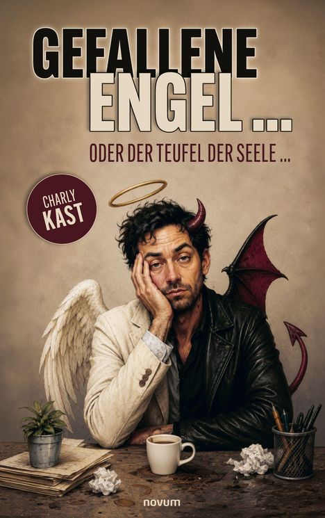"Gefallene Engel... oder der Teufel der Seele..." Ein Mann mit Engelsflügeln und Teufelshörnern sitzt nachdenklich vor einem Tisch.