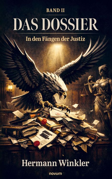Text: "BAND II DAS DOSSIER In den Fängen der Justiz Hermann Winkler novum." Ein Adler und Justitia mit Waage, Papierstapel.