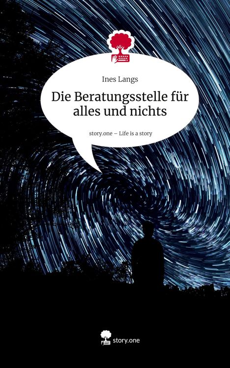 In einem Sprechblasensymbol steht: "Die Beratungsstelle für alles und nichts" von Ines Langs. Sternenspuren im Hintergrund.
