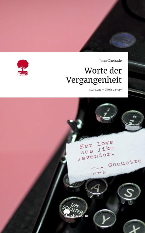 Buchtitel: "Worte der Vergangenheit". Ein weißes Blatt mit Text aus einer schwarzen Schreibmaschine auf rosa Hintergrund.