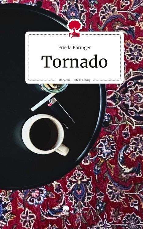 "Tornado" von Frieda Bäringer; ein schwarzer Tisch mit Tasse, Zigarette, Feuerzeug, auf orientalischem Teppich.