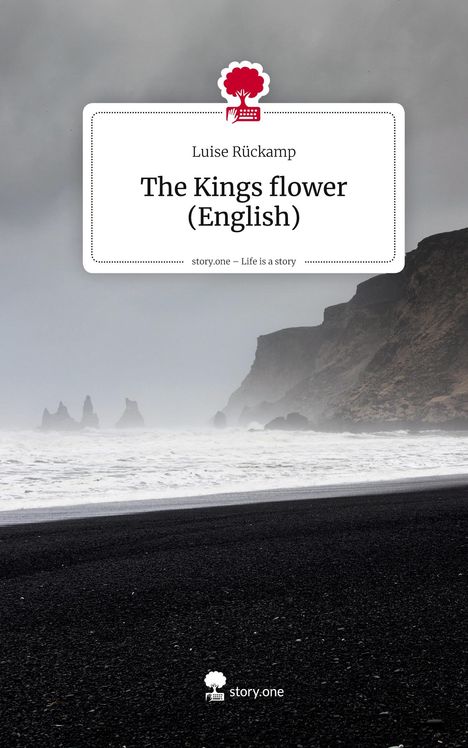 "The Kings flower (English)" von Luise Rückkamp. Düsterer Strand mit schwarzem Sand, neblige Klippen im Hintergrund.