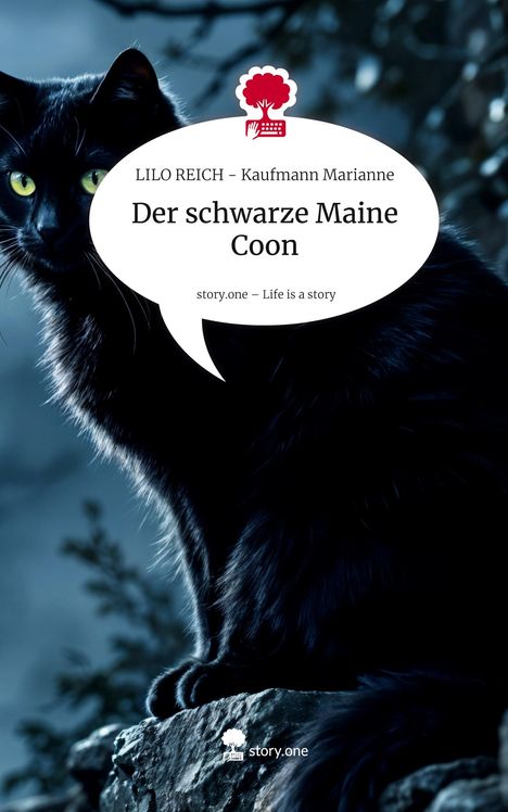Der Text lautet: "Der schwarze Maine Coon". Eine schwarze Katze mit leuchtenden Augen sitzt auf einem Felsen.