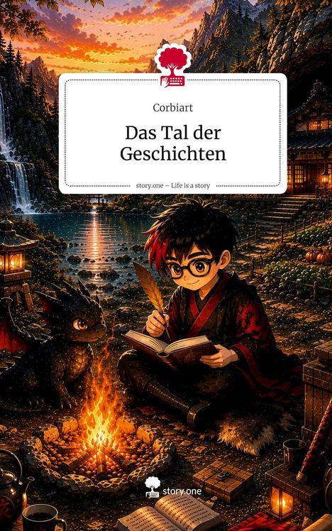 "Corbiart: Das Tal der Geschichten. story.one – Life is a story." Illustration mit Kind, Buch, kleinem Drachen, Lagerfeuer.