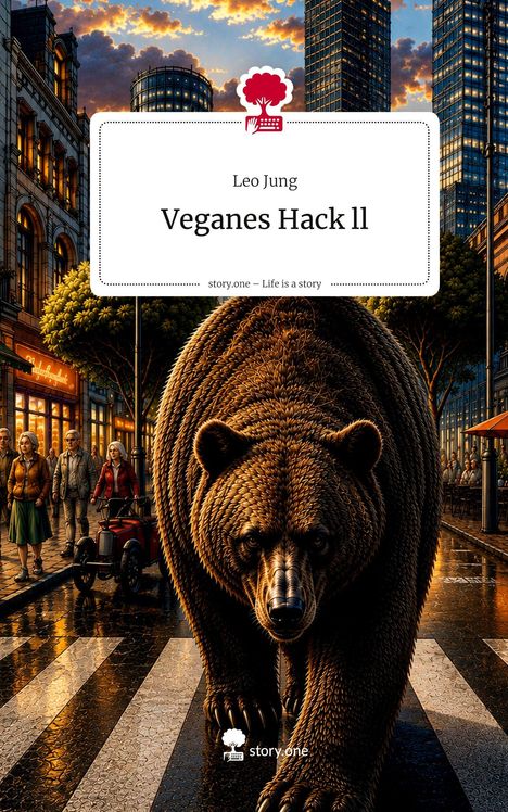 "Veganes Hack II" von Leo Jung. Ein großer Bär auf einem Zebrastreifen in einer Stadt, Menschen im Hintergrund.