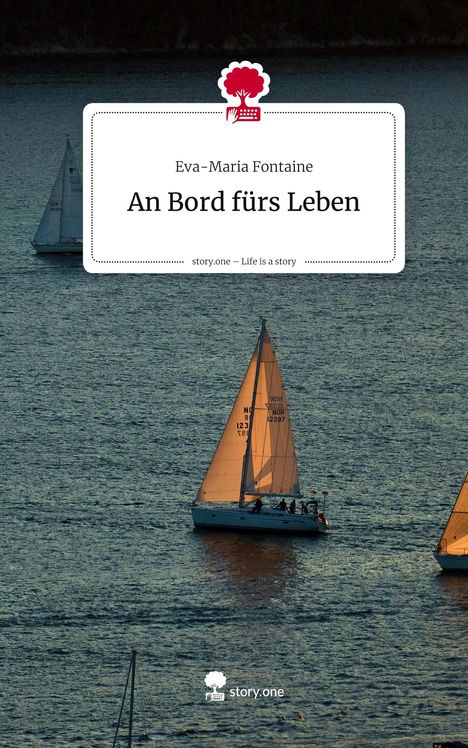 "Eva-Maria Fontaine - An Bord fürs Leben" steht über Segelbooten auf ruhigem Wasser im Sonnenuntergang, Logo oben.
