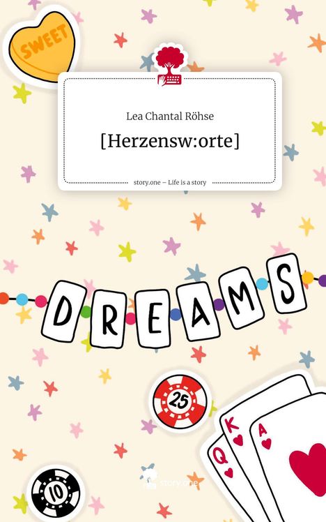 Oben: "Lea Chantal Röhse [Herzensw:orte]" und "story.one – Life is a story". Buntes, verspieltes Design mit Sternen und Spielkarten.