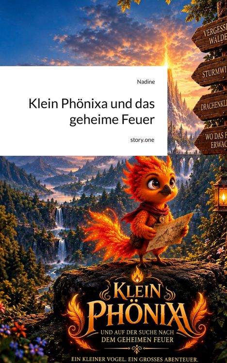 "Klein Phönixa und das geheime Feuer." Der Phönix hält eine Karte, mit einem Sonnenuntergang und Bergen im Hintergrund.