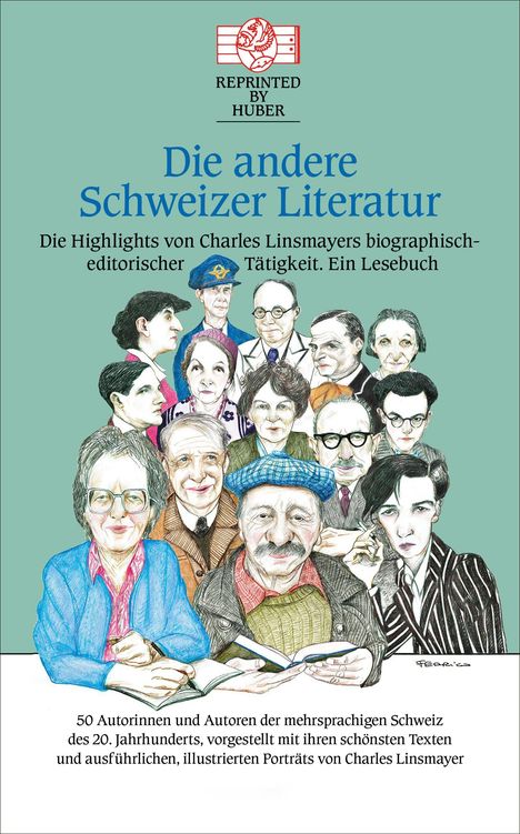 Titel: "Die andere Schweizer Literatur". Illustration von Personen mit Büchern. Text: 50 Autorinnen und Autoren des 20. Jahrhunderts.