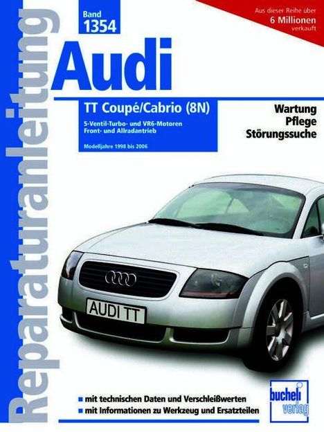 Reparaturanleitung Audi TT Coupé/Cabrio (8N). Modelljahre 1998-2006. Grau-silbernes Auto von vorne.