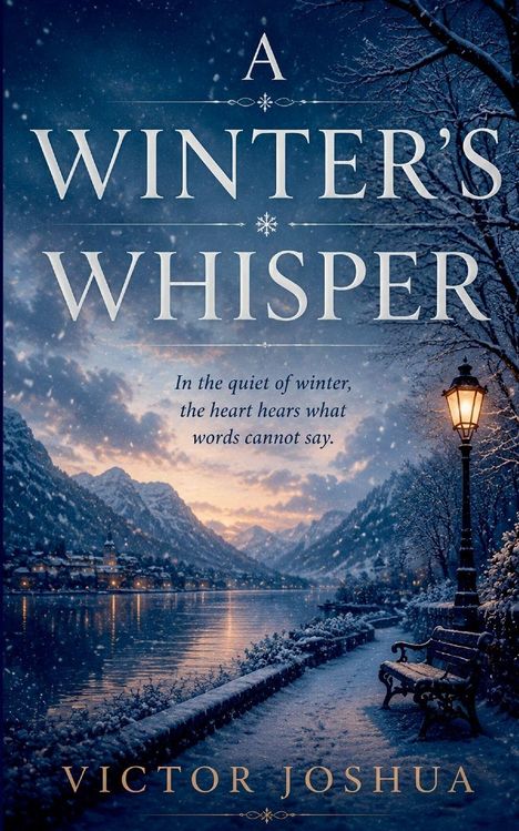 „A Winter’s Whisper. In the quiet of winter, the heart hears what words cannot say.“ Schneebedeckter Fluss bei Dämmerung.