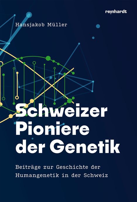 "Schweizer Pioniere der Genetik" von Hansjakob Müller. Abstrakte, bunte DNA-Darstellung mit geometrischen Linien auf dunklem Hintergrund.