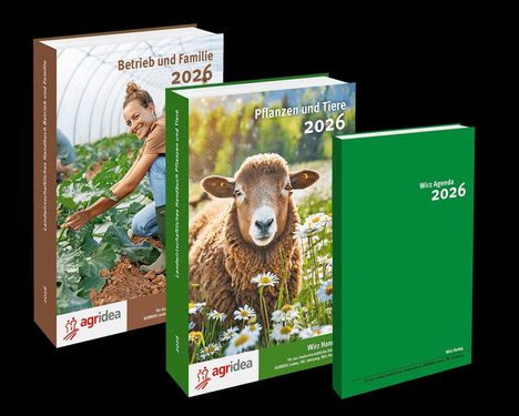 Drei Bücher: "Betrieb und Familie 2026", "Pflanzen und Tiere 2026", "Wirz Agenda 2026". Illustrationen: Frau im Gewächshaus, Schaf mit Blumen.