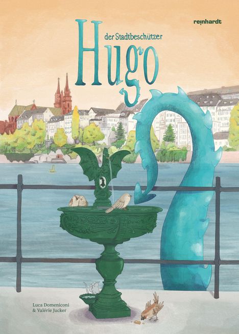Illustration eines grünen Brunnens mit Vögeln, ein großes blaues Tentakel schlängelt sich aus dem Wasser.