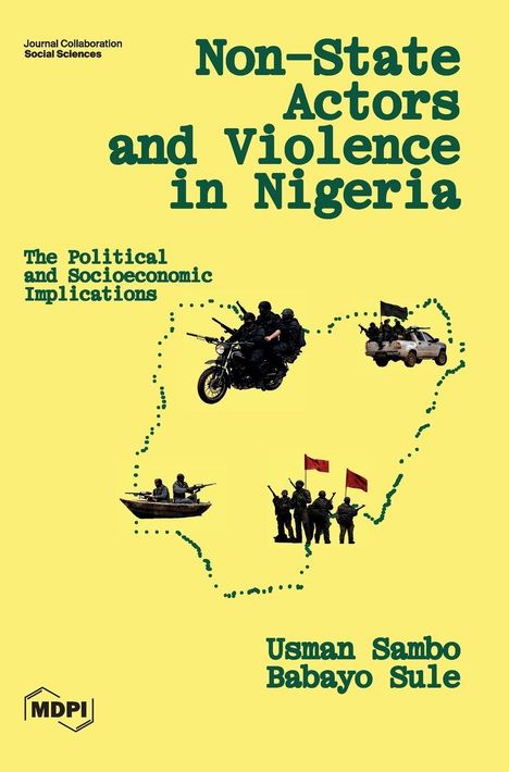 "Non-State Actors and Violence in Nigeria" steht groß im Zentrum. Darunter Bilder von bewaffneten Männern auf Motorrad, Boot und Fahrzeug.