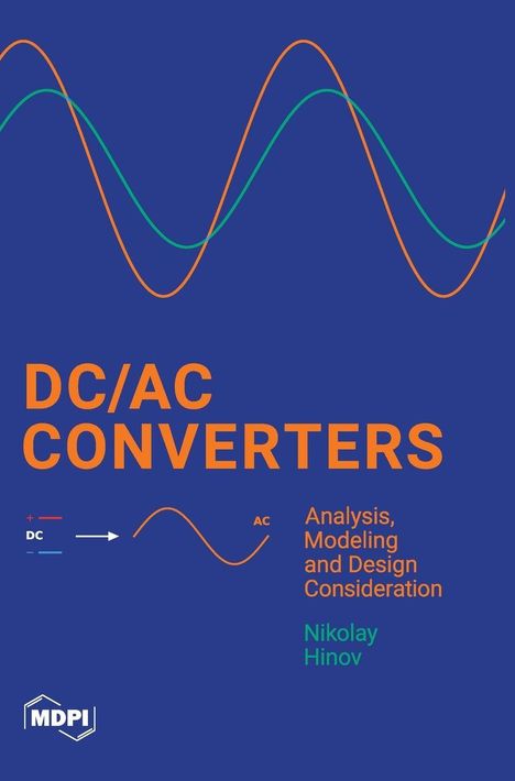 "DC/AC Converters", Illustration: Sinuskurven und Pfeil, Text von Nikolay Hinov, blaues Layout mit orange und grünen Akzenten.