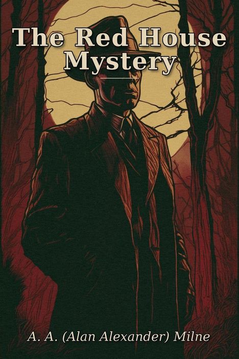 "The Red House Mystery" und "A. A. (Alan Alexander) Milne". Illustration eines Mannes in Anzug und Hut vor Waldhintergrund.