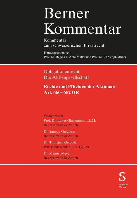 Text: "Berner Kommentar, Kommentar zum schweizerischen Privatrecht, Obligationenrecht, Rechte und Pflichten der Aktionäre." Schwarzer und roter Hintergrund mit weißer Schrift.
