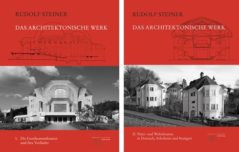 Rudolf Steiner: Das architektonische Werk. Links eine Zeichnung des Goetheanum, rechts Wohnhäuser. Schwarz-Weiß-Fotos.