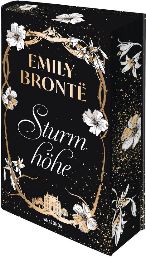 Text: "Emily Brontë", "Sturmhöhe", "Anaconda". Goldene Blumenranken und weiße Blüten auf schwarzem Hintergrund.