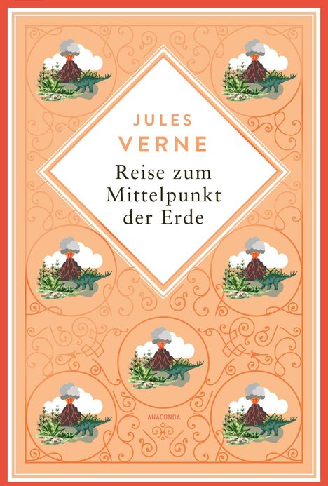 Jules Verne: Reise zum Mittelpunkt der Erde. Orange Cover mit Vulkanen und Dinosauriern in Kreisen.