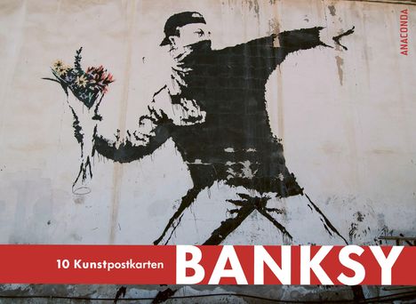 "10 Kunstpostkarten BANKSY. ANACONDA." Eine schwarz-weiße Graffiti-Figur wirft einen Blumenstrauß.
