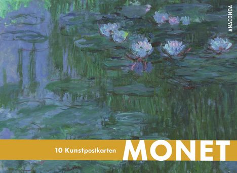 "10 Kunstpostkarten MONET" in gelbem Balken. Seerosen auf einem Teich, impressionistischer Stil.